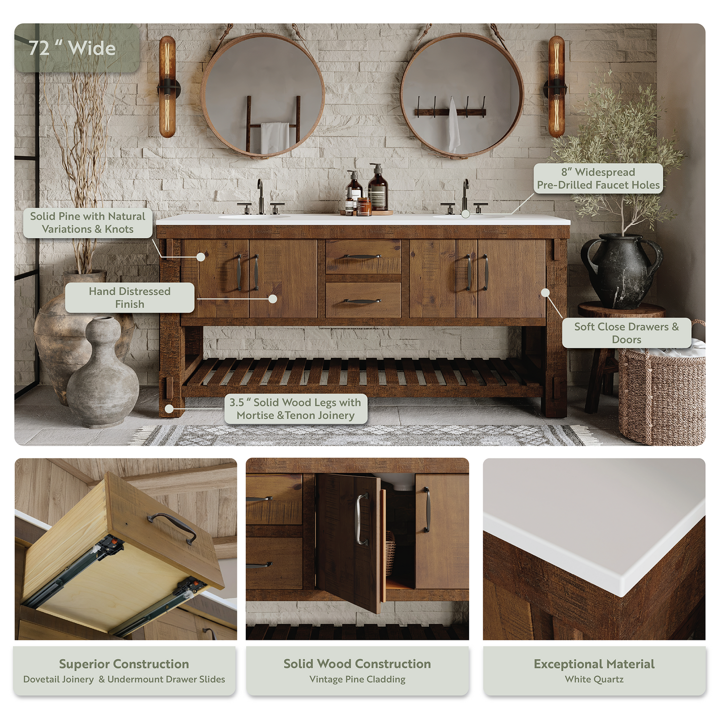 Telluride 72" Wide Double Bathroom Vanity | White Quartz Countertop