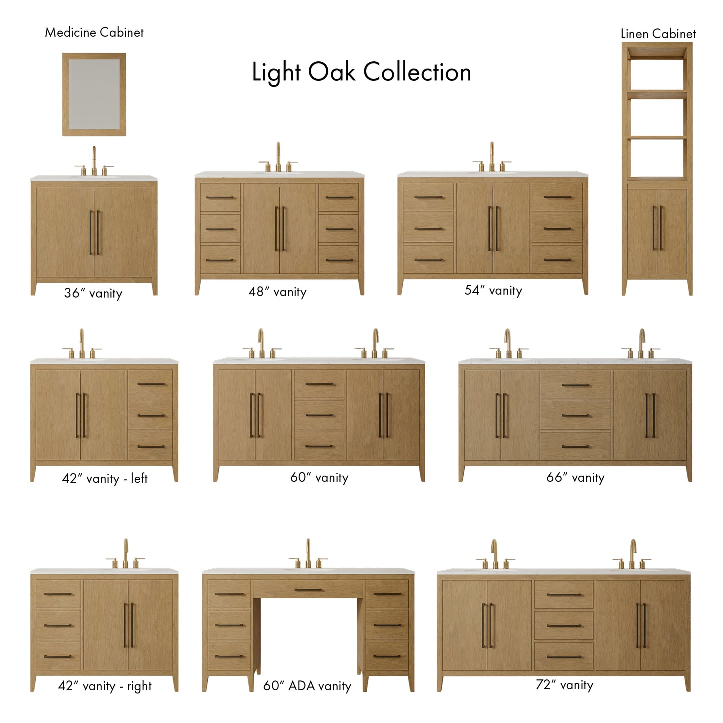 Bergen 60" Double Bathroom Vanity in Wire Brushed Oak | Calacatta Gold Quartz Countertop