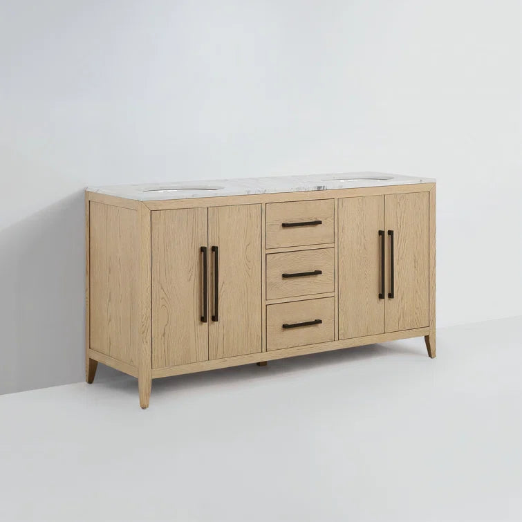 Bergen 60" Double Bathroom Vanity in Wire Brushed Oak | Carrara Marble Countertop