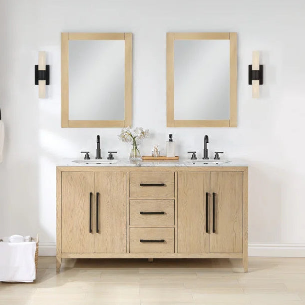 Bergen 60" Double Bathroom Vanity in Wire Brushed Oak | Carrara Marble Countertop