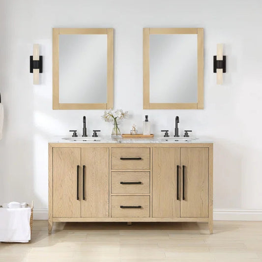 Bergen 60" Double Bathroom Vanity in Wire Brushed Oak | Carrara Marble Countertop