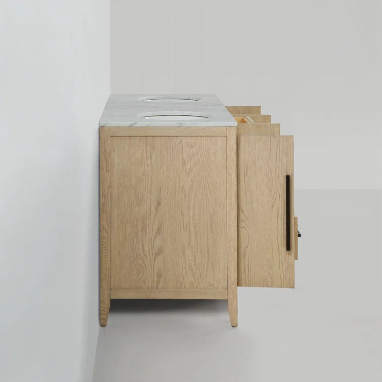 Bergen 60" Double Bathroom Vanity in Wire Brushed Oak | Carrara Marble Countertop