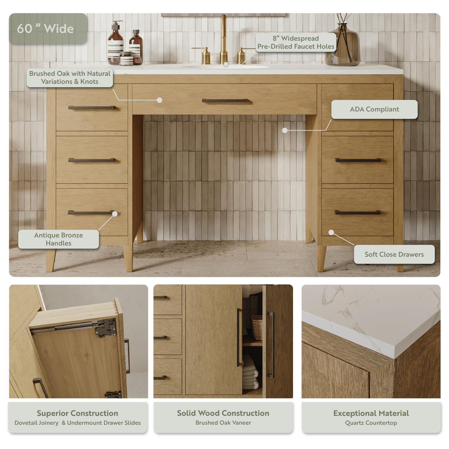 Bergen 60" ADA Compliant Single Sink Bathroom Vanity | Quartz Countertop