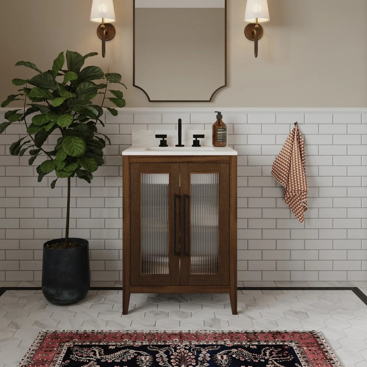 Apothecary 24W X 22D-Inch Single Bathroom Vanity With Fluted Glass Doors | Calacatta Quartz Countertop