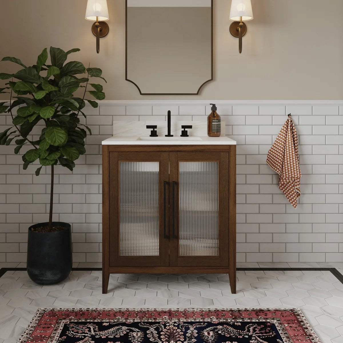 Apothecary 30W X 22D-Inch Single Bathroom Vanity With Fluted Glass Doors | Calacatta Quartz Countertop