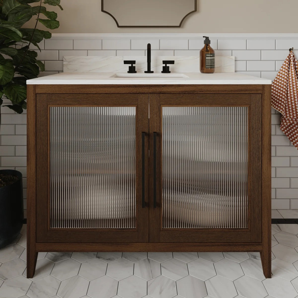 Apothecary 42W X 22D-Inch Single Bathroom Vanity With Fluted Glass Doors | Calacatta Quartz Countertop