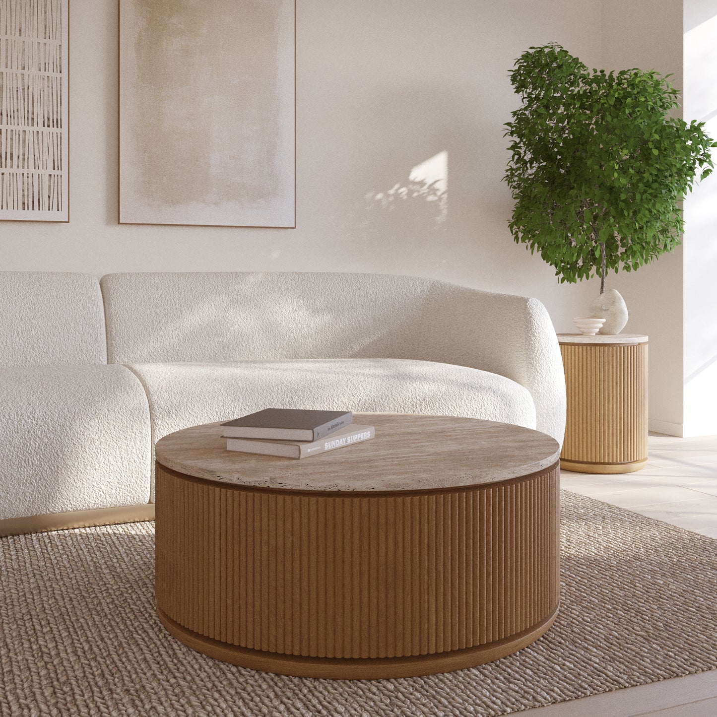 Aster 36" Round Reeded Coffee Table | Travertine Top