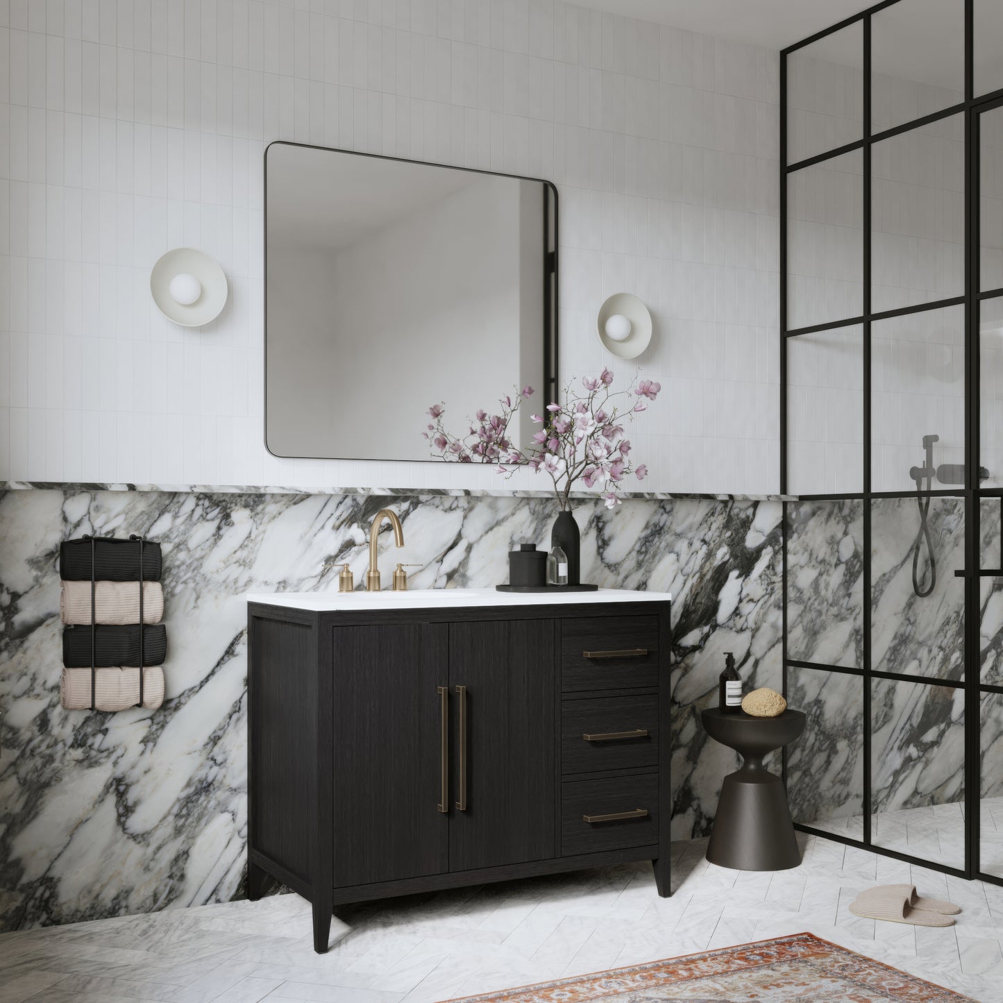Bergen 42" Single Bathroom Vanity in Dark Weathered Oak | Calacatta Gold Quartz Countertop