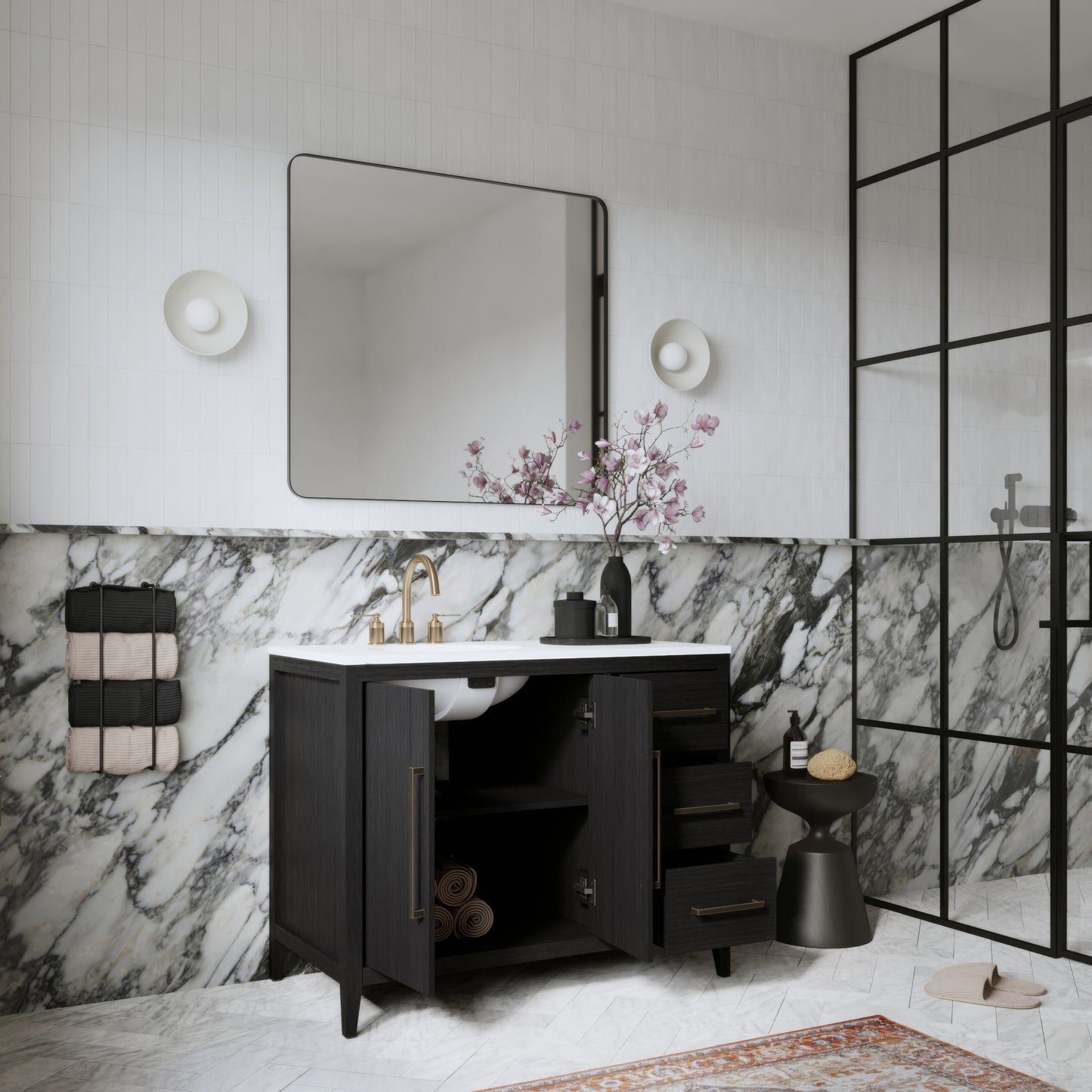 Bergen 42" Single Bathroom Vanity in Dark Weathered Oak | Calacatta Gold Quartz Countertop