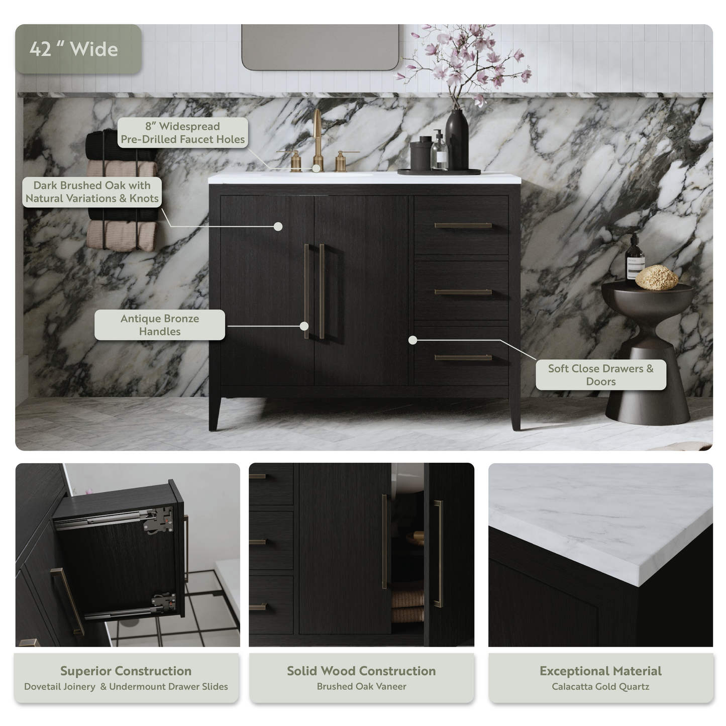 Bergen 42" Single Bathroom Vanity in Dark Weathered Oak | Calacatta Gold Quartz Countertop