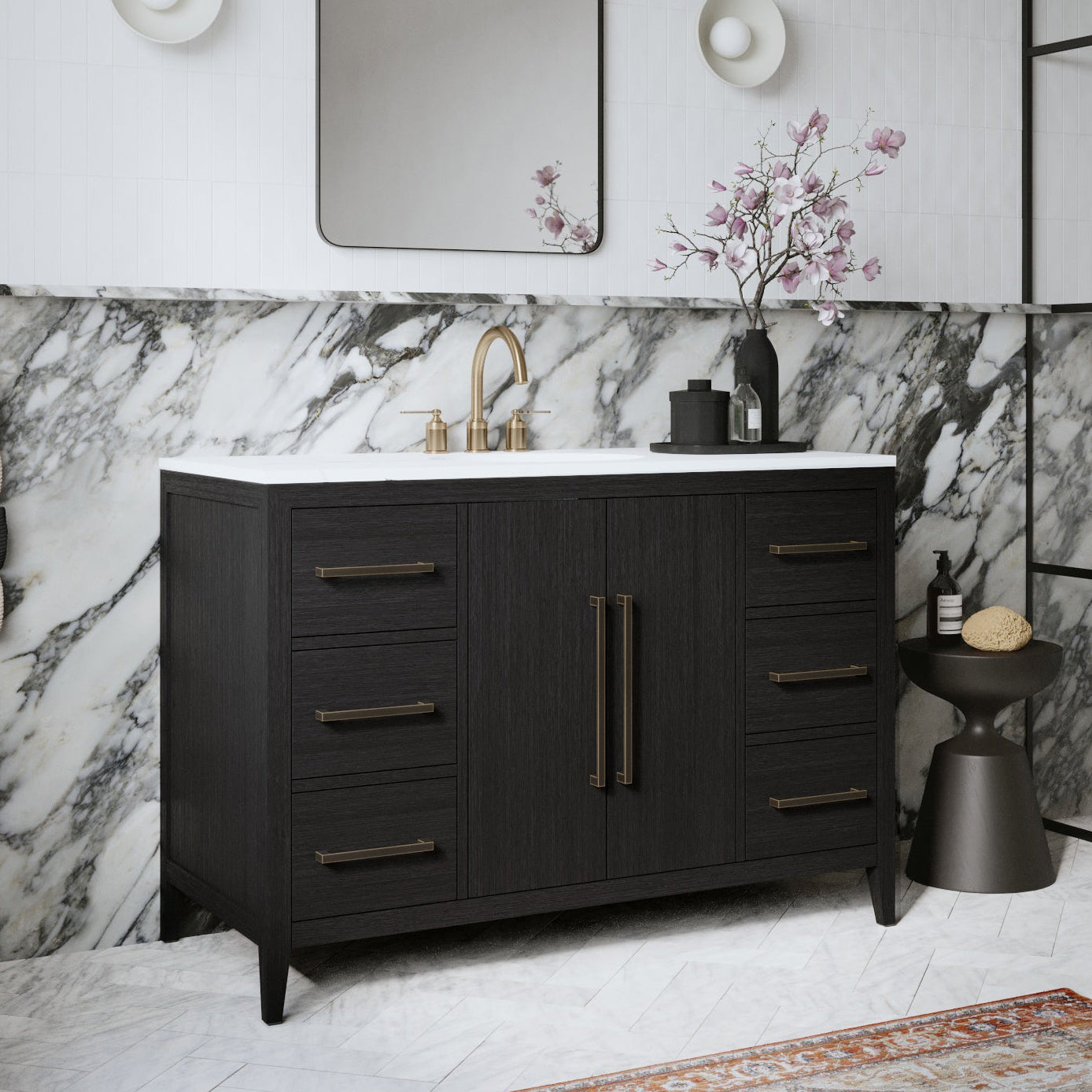 Bergen 48" Single Bathroom Vanity in Dark Weathered Oak | Calacatta Gold Quartz Countertop