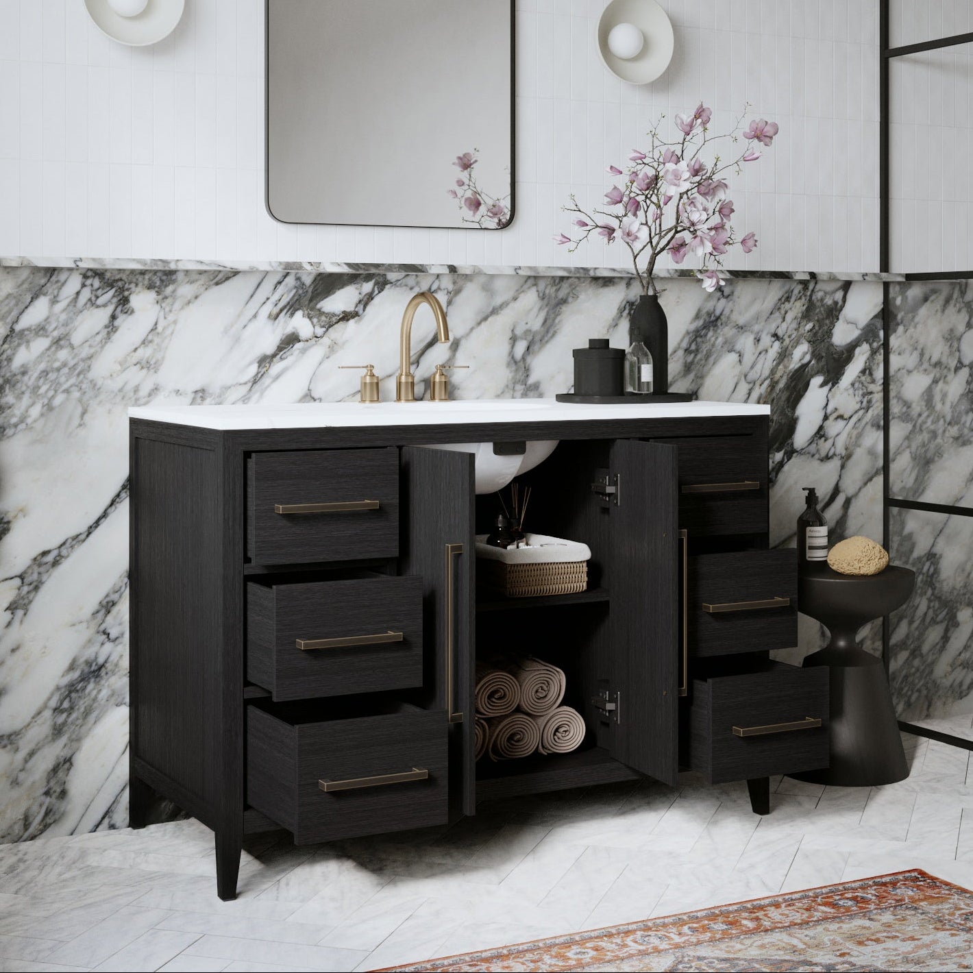 Bergen 48" Single Bathroom Vanity in Dark Weathered Oak | Calacatta Gold Quartz Countertop