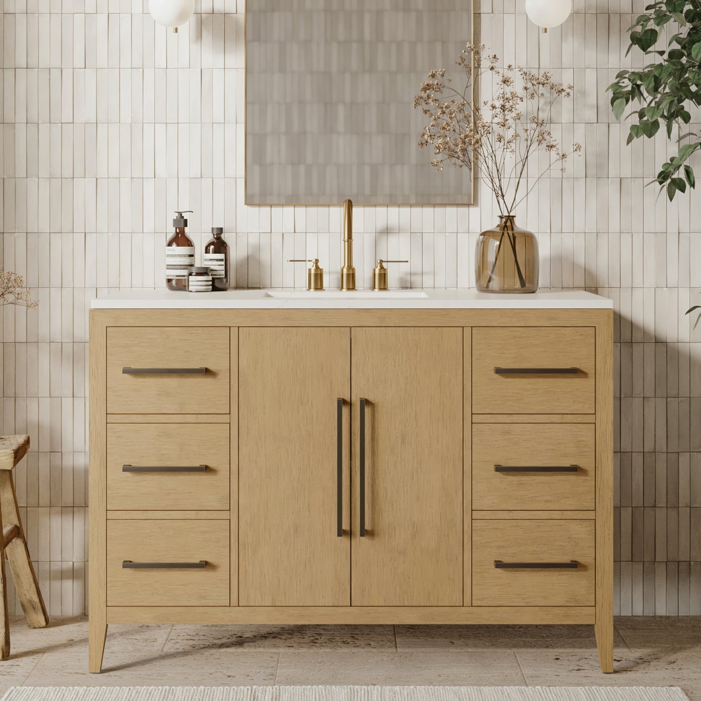 Bergen 48" Single Bathroom Vanity in Wire Brushed Oak | White Statuario Quartz Countertop