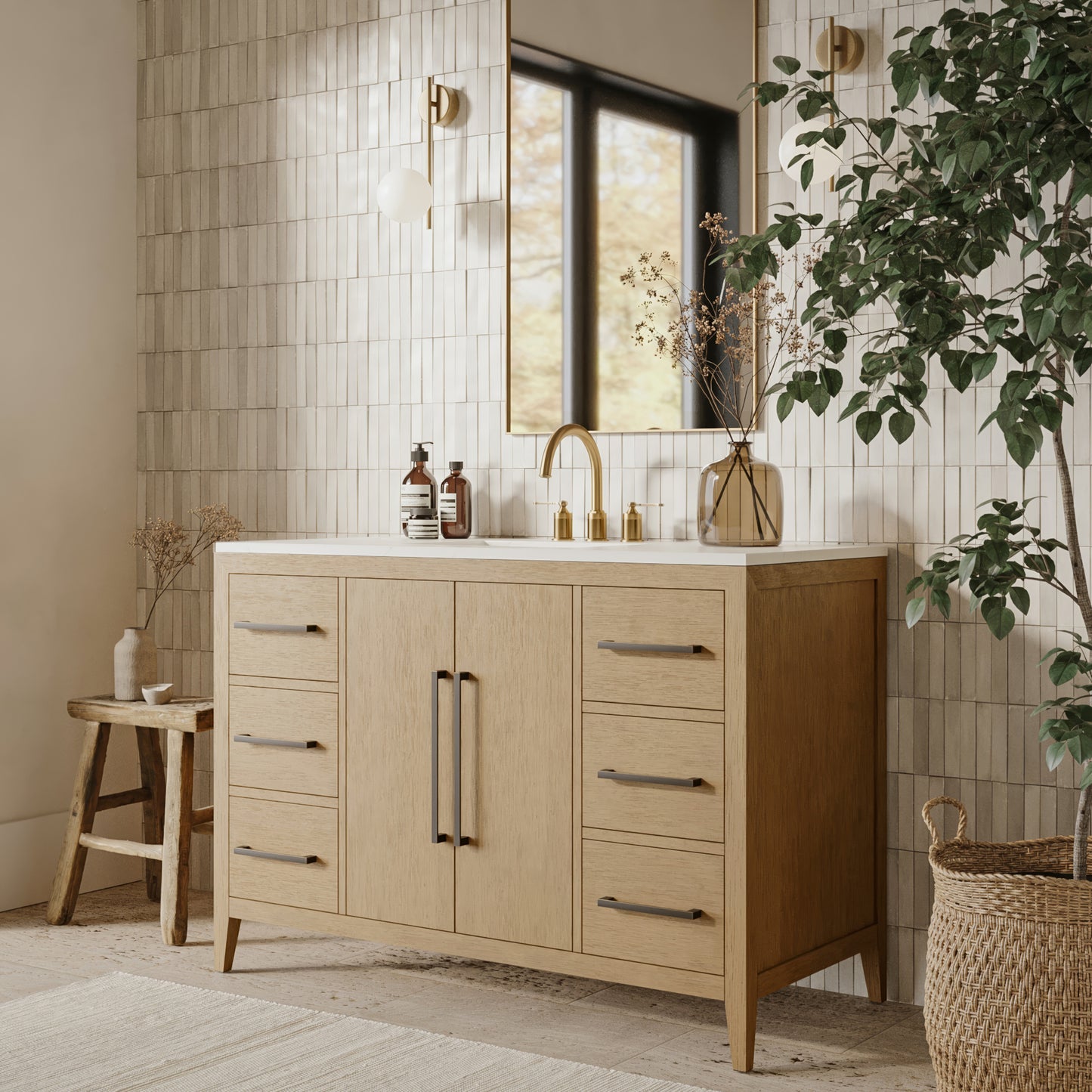 Bergen 48" Single Bathroom Vanity in Wire Brushed Oak | White Statuario Quartz Countertop