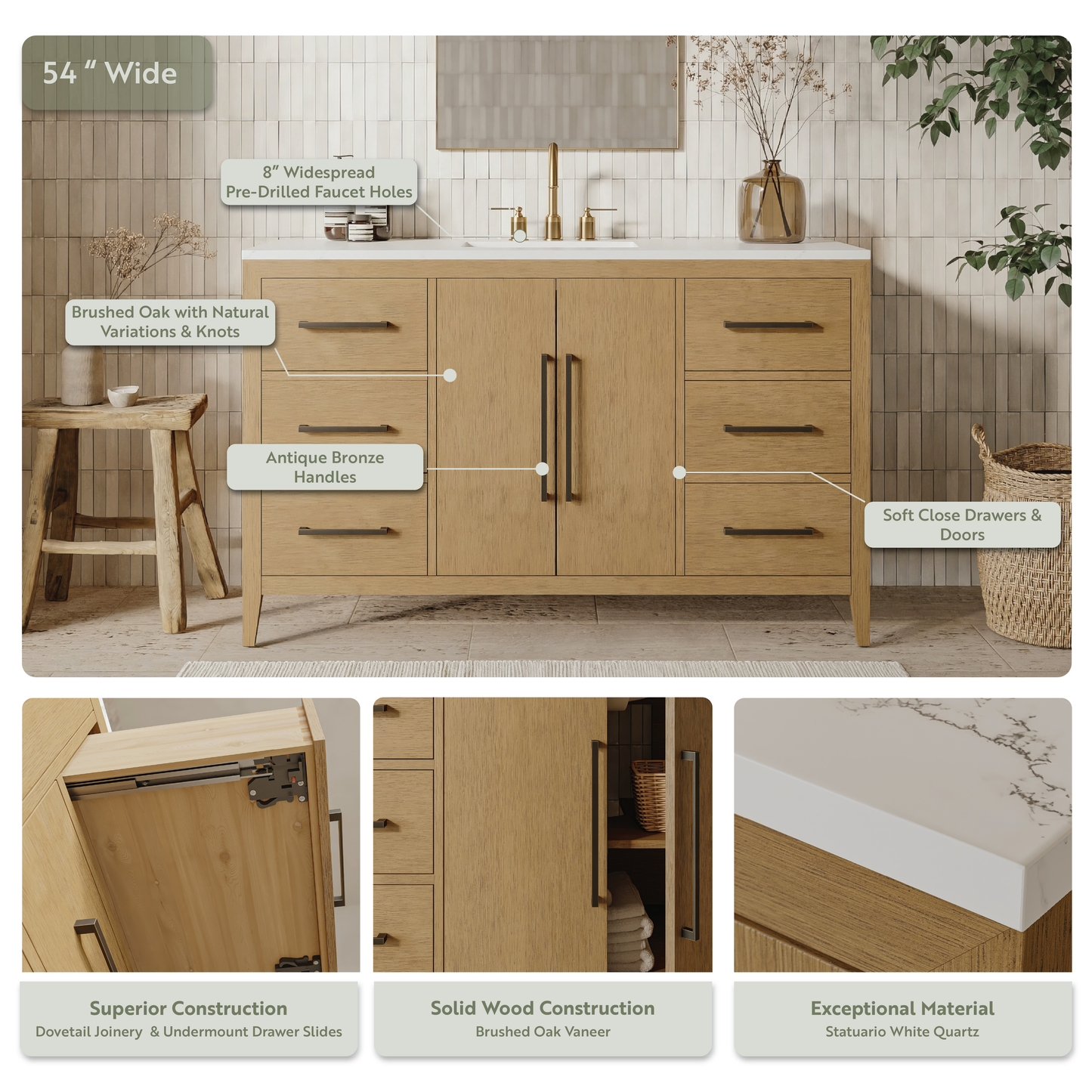 Bergen 54" Single Bathroom Vanity in Wire Brushed Oak | White Statuario Quartz Countertop
