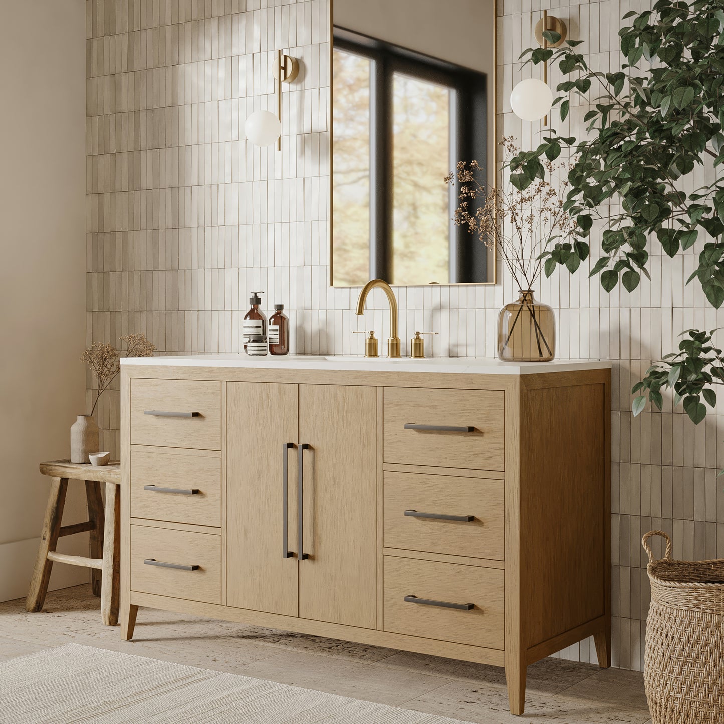 Bergen 54" Single Bathroom Vanity in Wire Brushed Oak | White Statuario Quartz Countertop