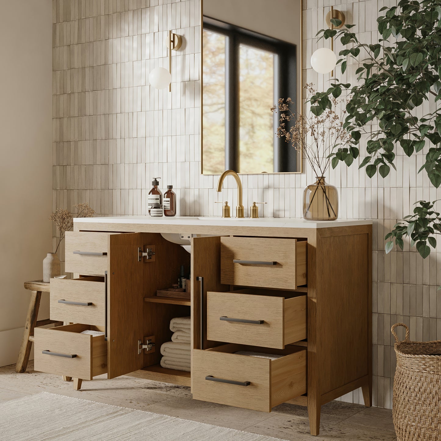 Bergen 54" Single Bathroom Vanity in Wire Brushed Oak | White Statuario Quartz Countertop