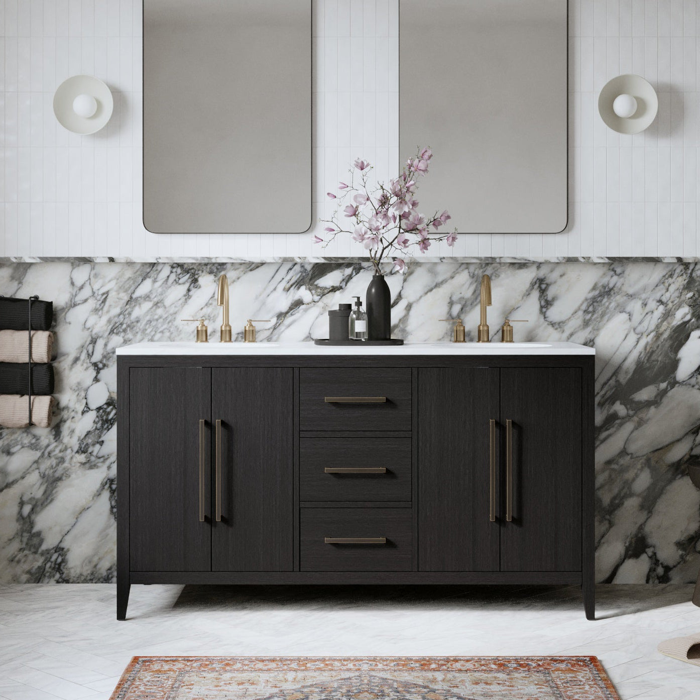 Bergen 60'' Double Bathroom Vanity in Dark Weathered Oak | Calacatta Gold Quartz Countertop