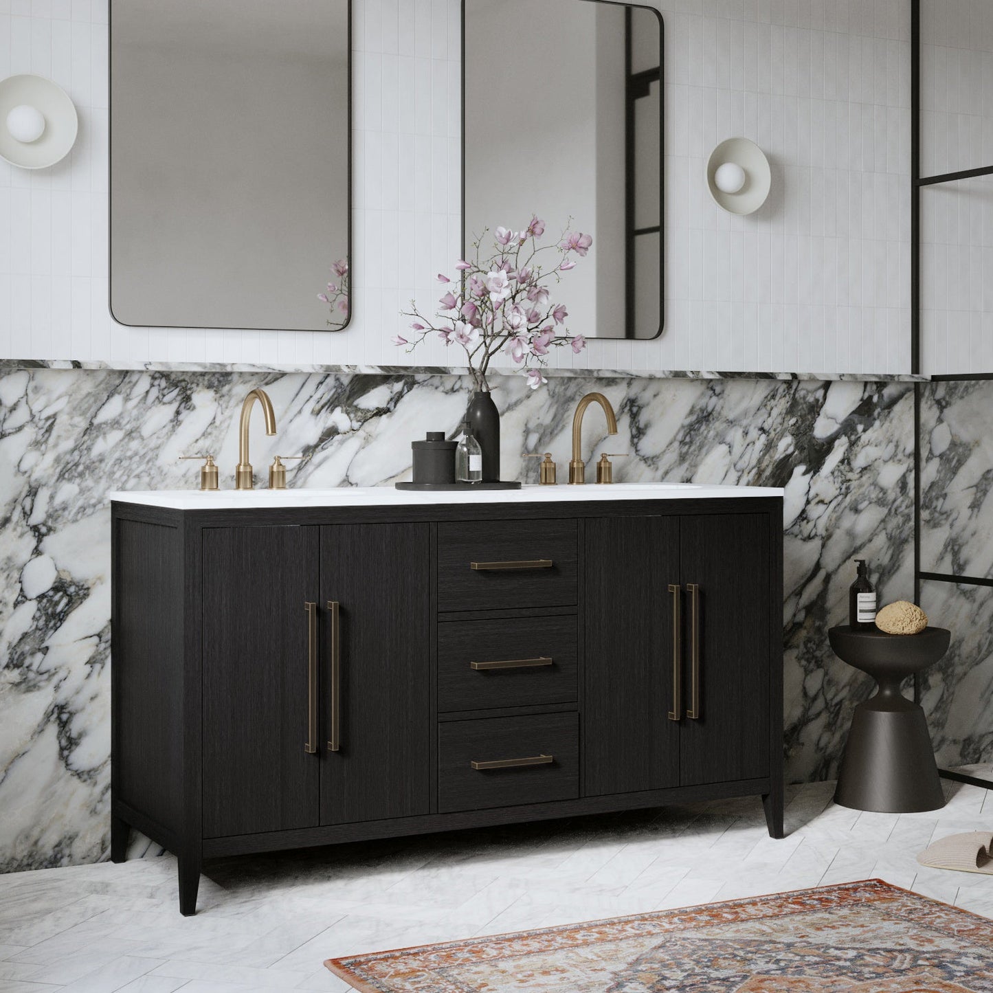 Bergen 60'' Double Bathroom Vanity in Dark Weathered Oak | Calacatta Gold Quartz Countertop