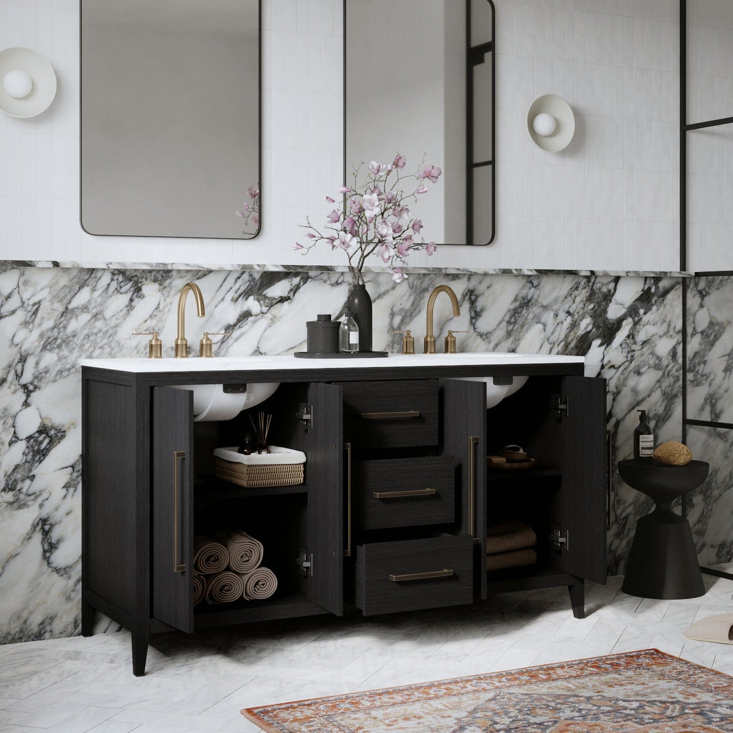Bergen 60'' Double Bathroom Vanity in Dark Weathered Oak | Calacatta Gold Quartz Countertop