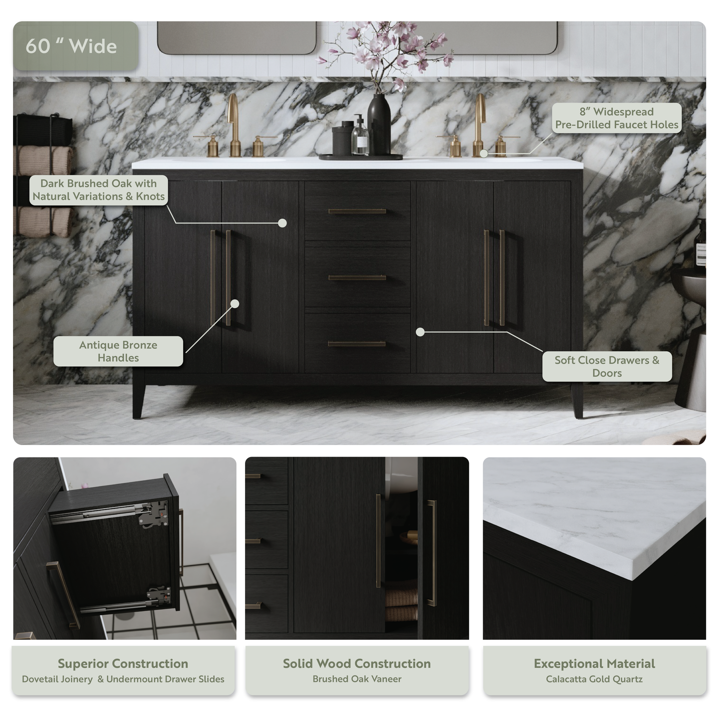 Bergen 60'' Double Bathroom Vanity in Dark Weathered Oak | Calacatta Gold Quartz Countertop