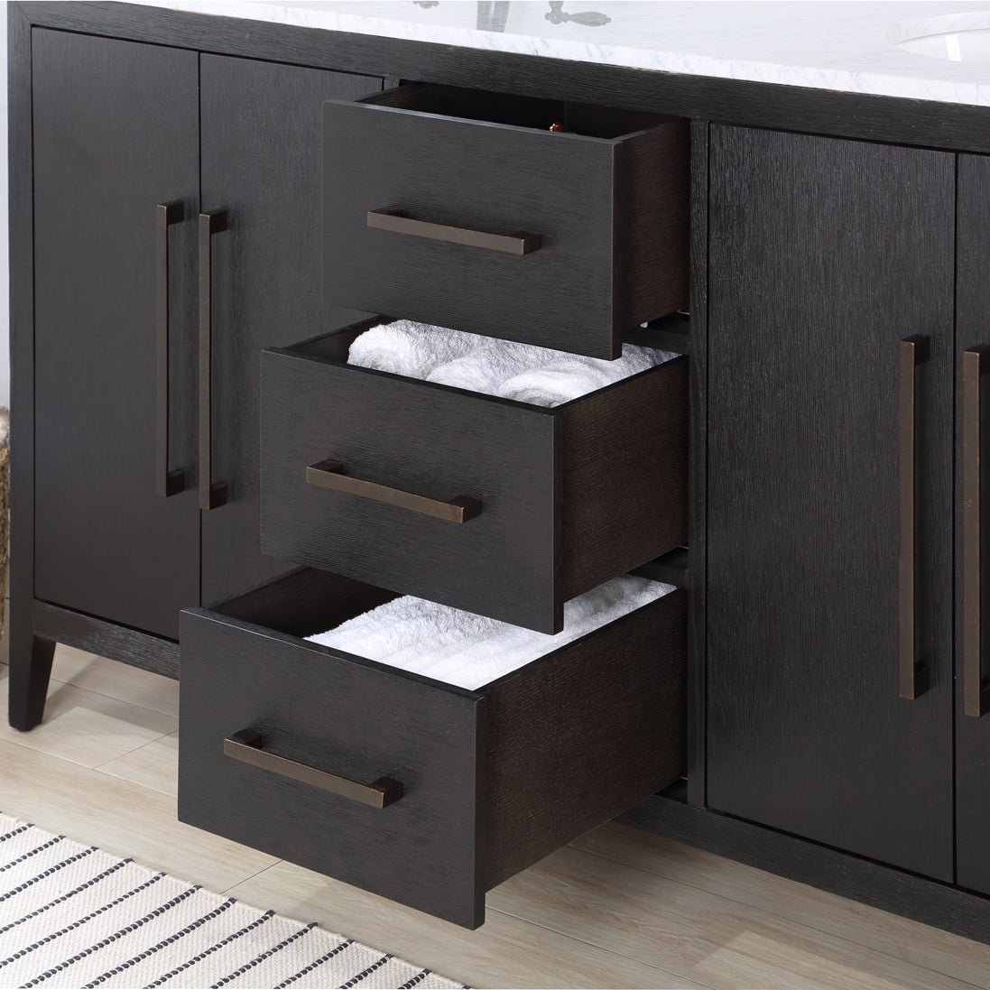 Bergen 60'' Double Bathroom Vanity in Dark Weathered Oak | Calacatta Gold Quartz Countertop