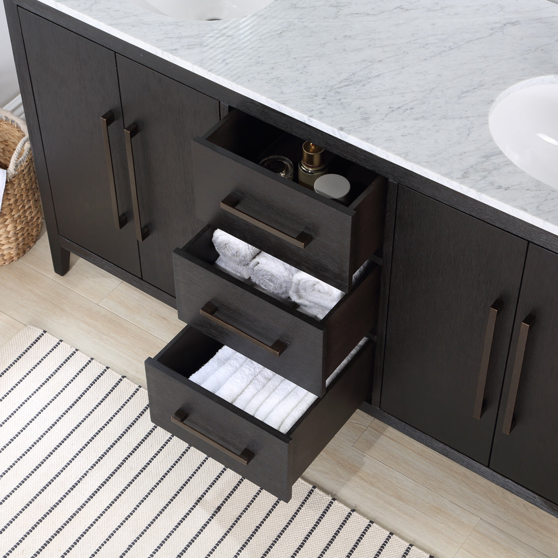 Bergen 60'' Double Bathroom Vanity in Dark Weathered Oak | Calacatta Gold Quartz Countertop