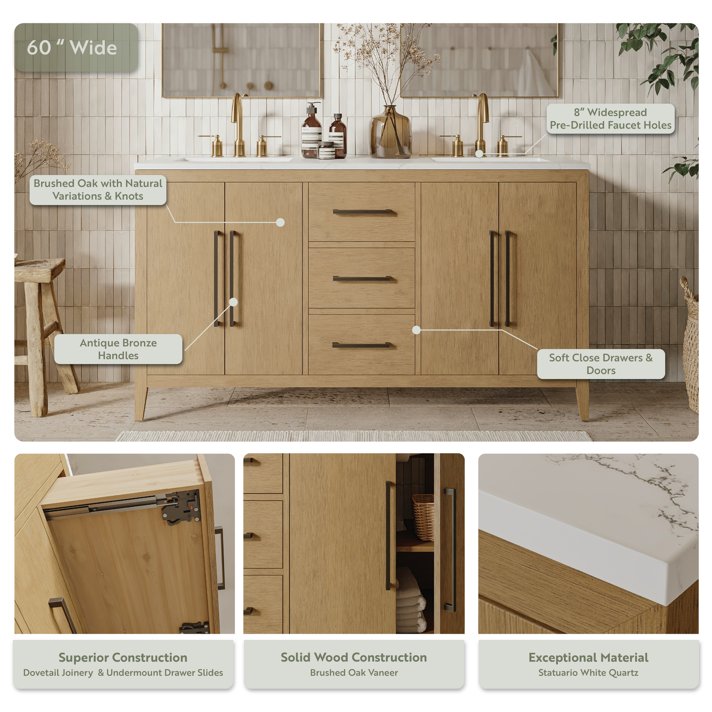 Bergen 60" Double Bathroom Vanity in Wire Brushed Oak | White Statuario Quartz Countertop