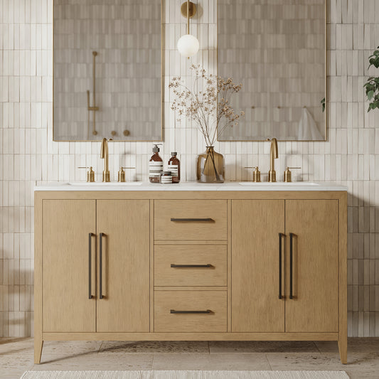 Bergen 60" Double Bathroom Vanity in Wire Brushed Oak | White Statuario Quartz Countertop