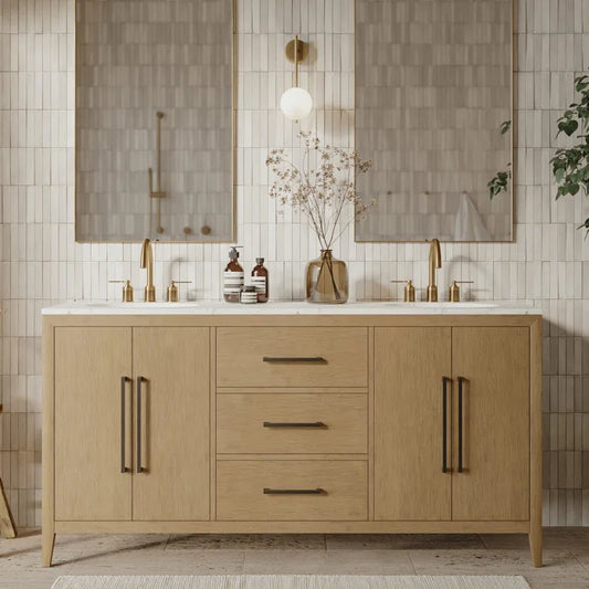 Bergen 66'' Double Bathroom Vanity in Wire Brushed Oak | Calacatta Gold Quartz Countertop