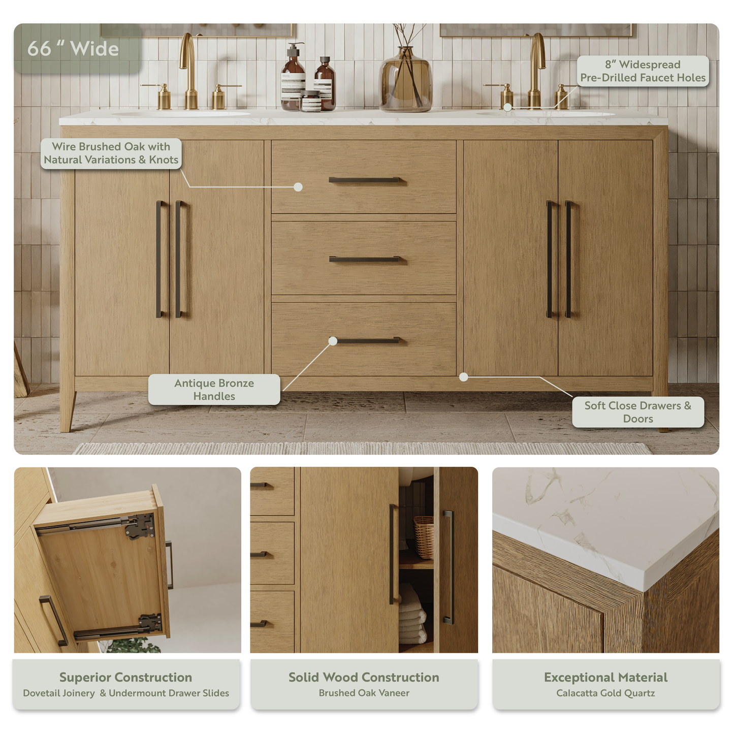Bergen 66'' Double Bathroom Vanity in Wire Brushed Oak | Calacatta Gold Quartz Countertop
