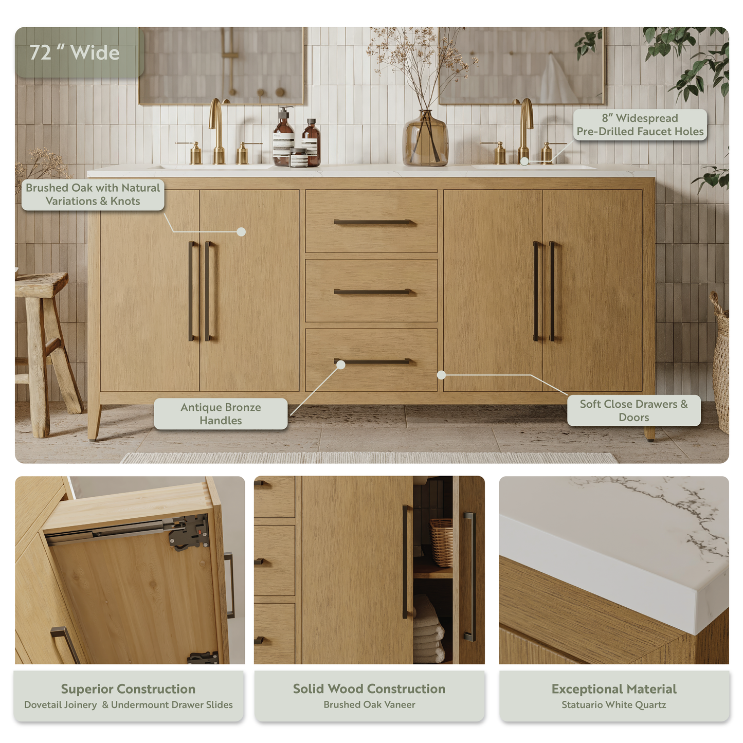 Bergen 72" Double Bathroom Vanity in Wire Brushed Oak | White Statuario Quartz Countertop