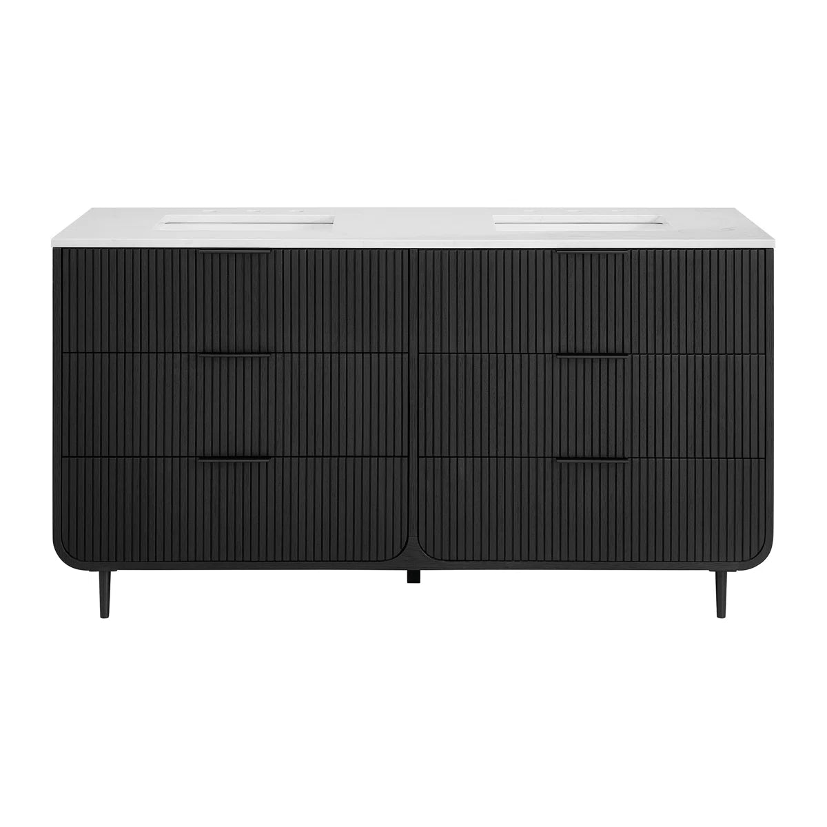 Bern 60" Reeded Black Oak Double Sink Bathroom Vanity | Engineered Marble Countertop