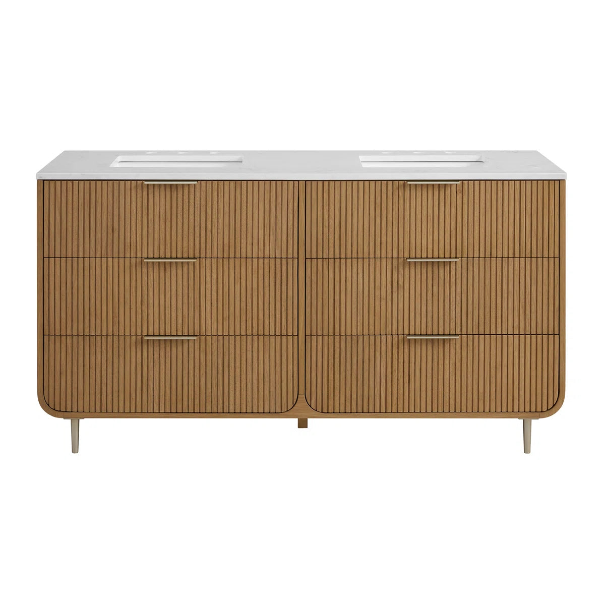 Bern 60" Reeded Oak Double Sink Bathroom Vanity | Engineered Marble Countertop