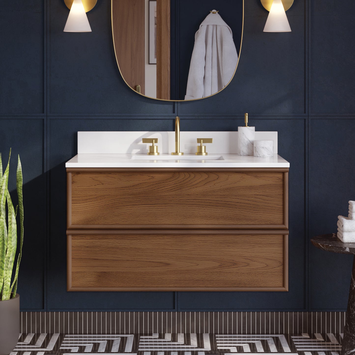 36" Cooper Walnut Single Sink Floating Vanity | White Quartz Countertop