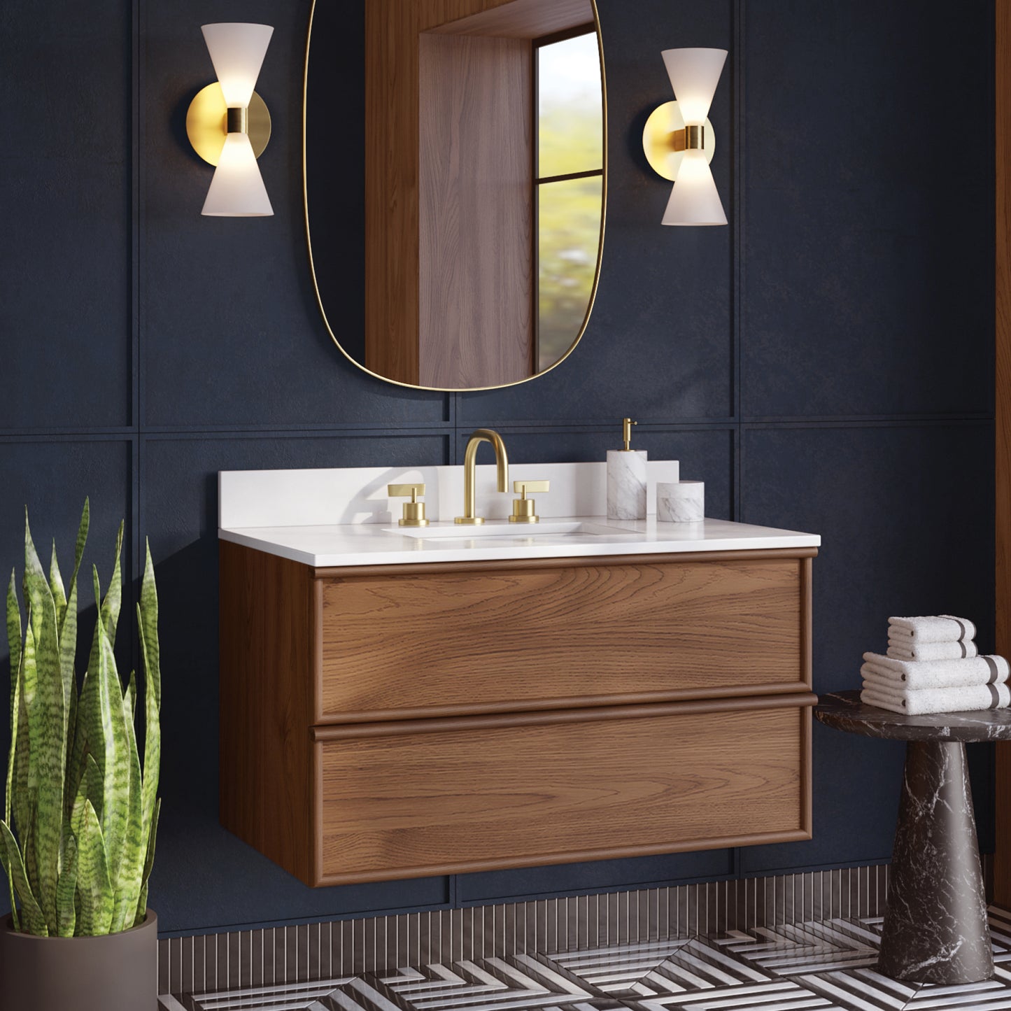 36" Cooper Walnut Single Sink Floating Vanity | White Quartz Countertop