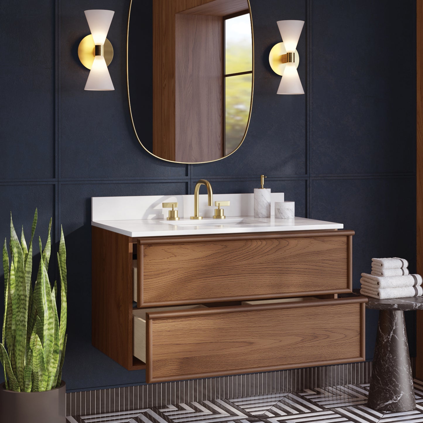 36" Cooper Walnut Single Sink Floating Vanity | White Quartz Countertop