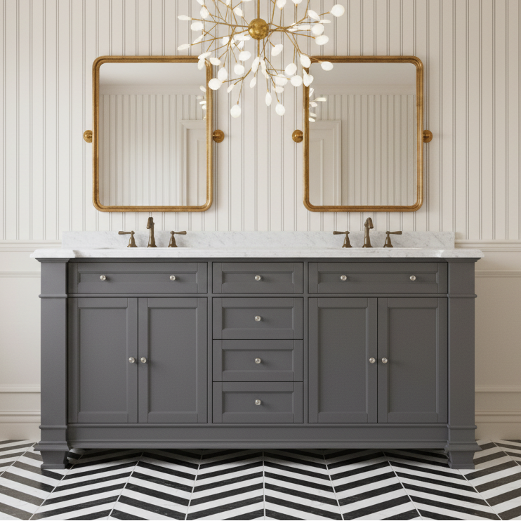 Siena 72" Traditional Double Bathroom Vanity | Carrara Marble Top in Grey