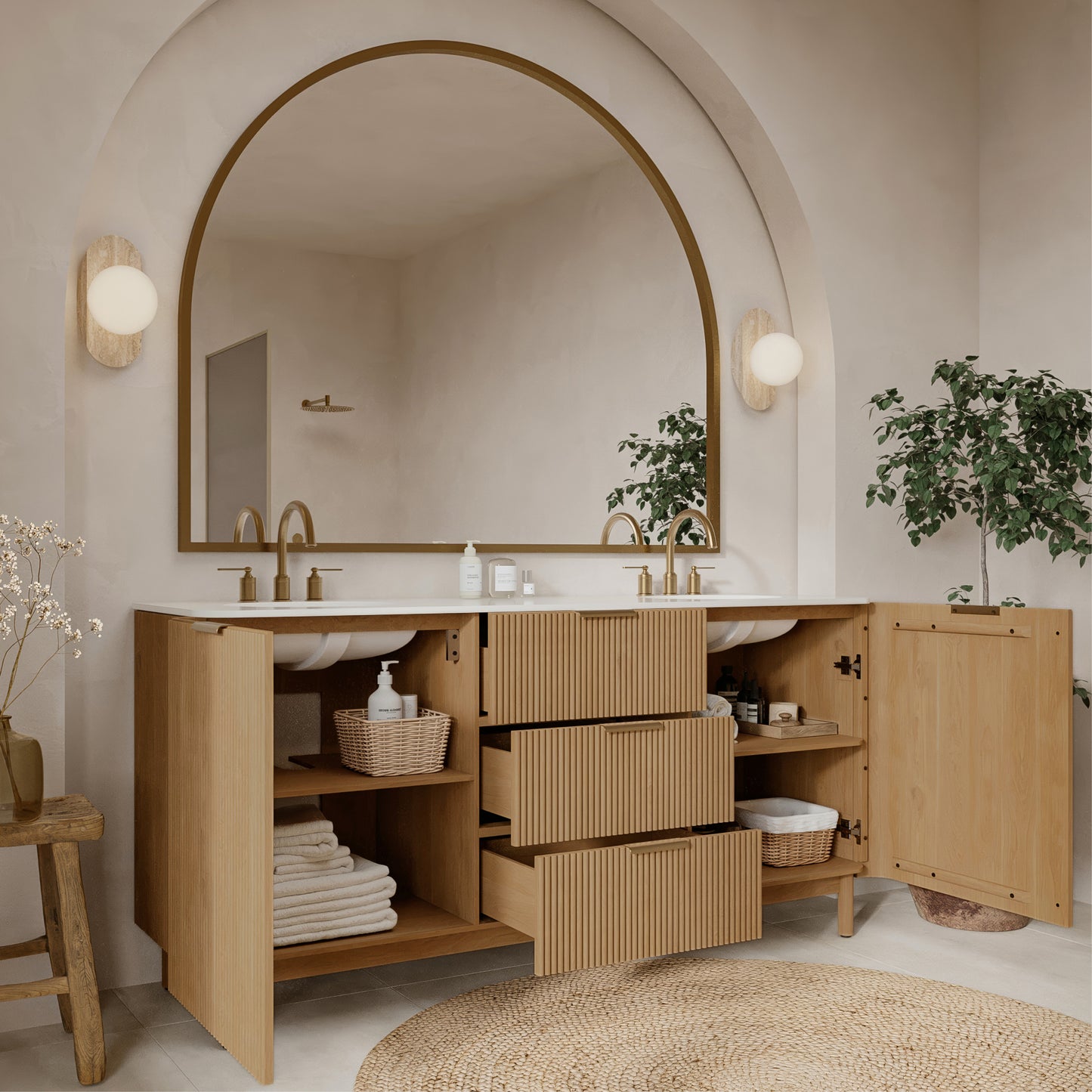 Havana 72"  Reeded Double Sink Bathroom Vanity | White Quartz Top