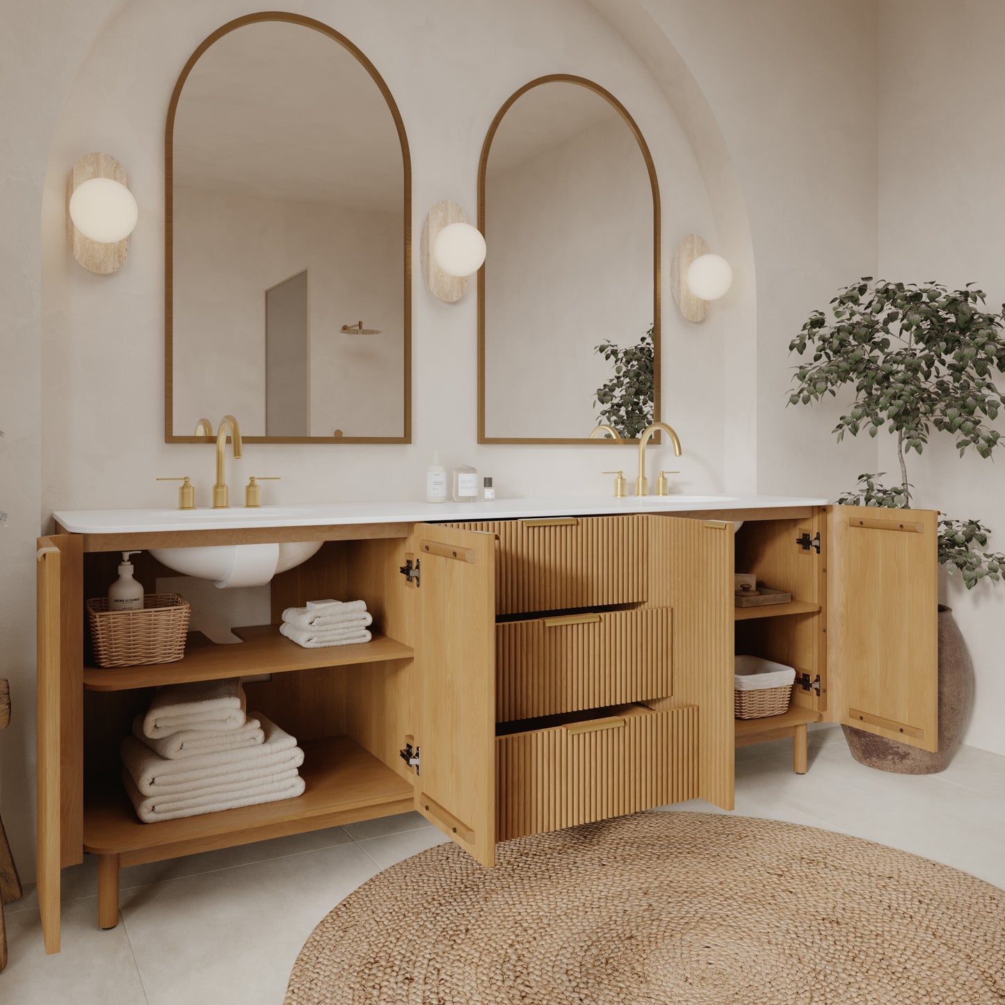 Havana 84" Double Bathroom Vanity in Reeded Birch | White Quartz Countertop