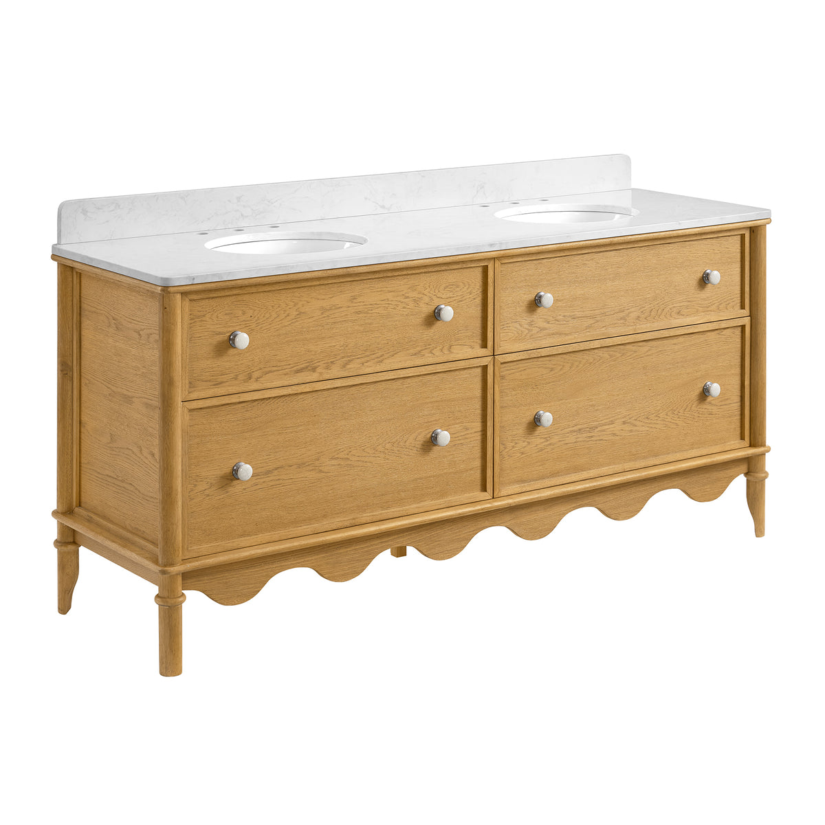 Juliette 72"W Scallop Double Bathroom Vanity | Natural Enhanced Oak | Cultured Marble Countertop