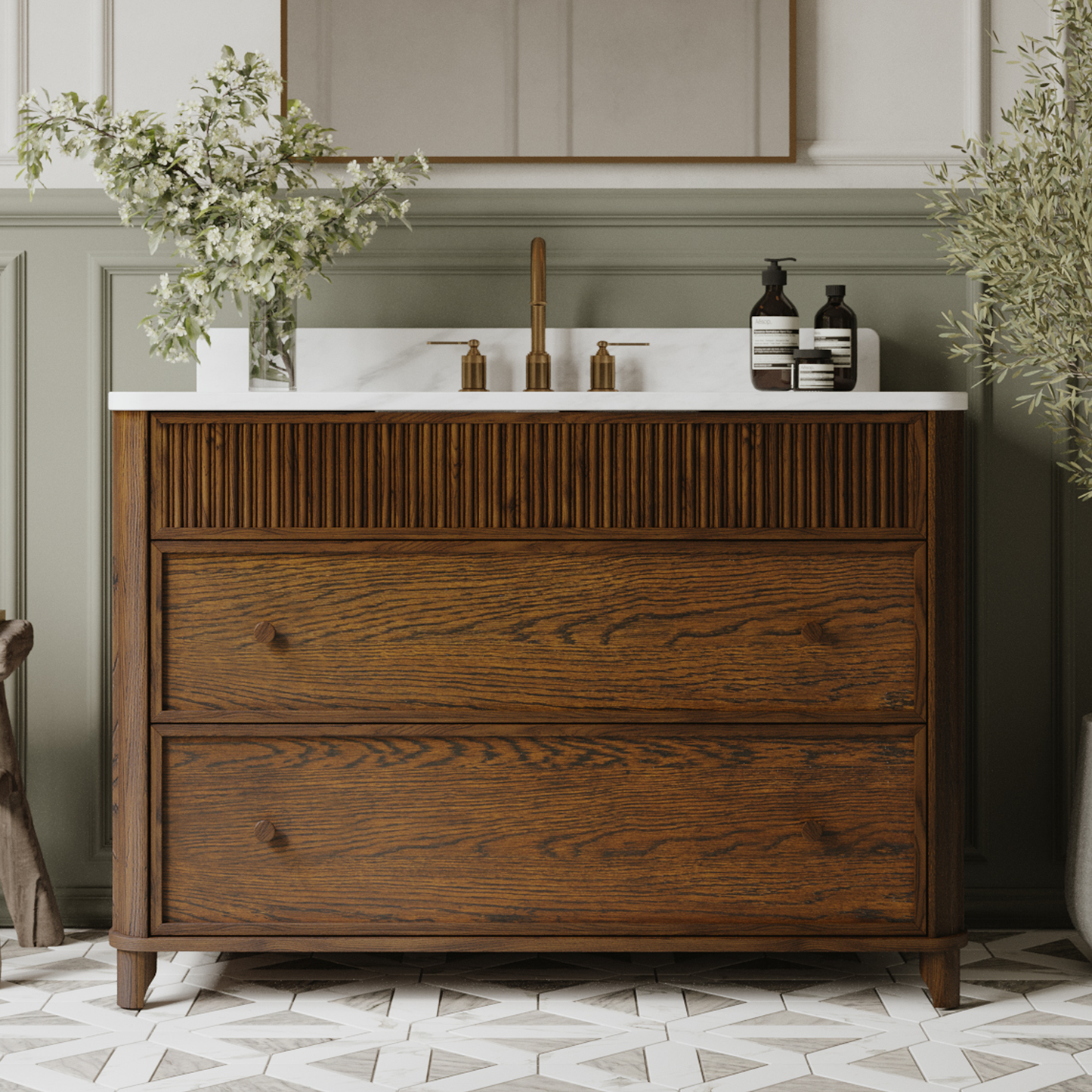 Kathryne 48" Bathroom Vanity in Enhanced Brown Oak | Statuario Quartz