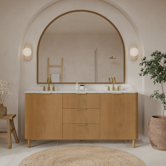 Havana 72" Reeded Birch Double Bathroom Vanity | Carrara Marble Countertop