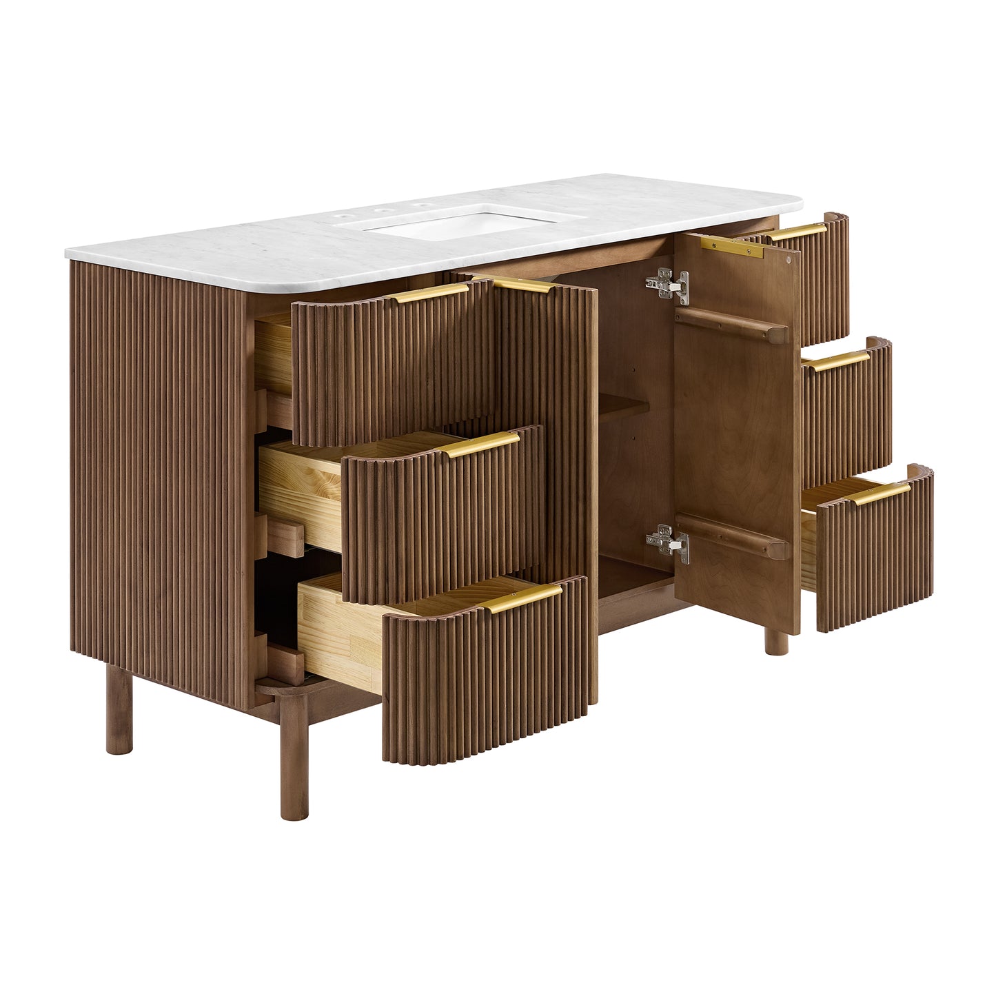 Havana 54" Brown Reeded Birch Single Bathroom Vanity | Carrara Marble Countertop