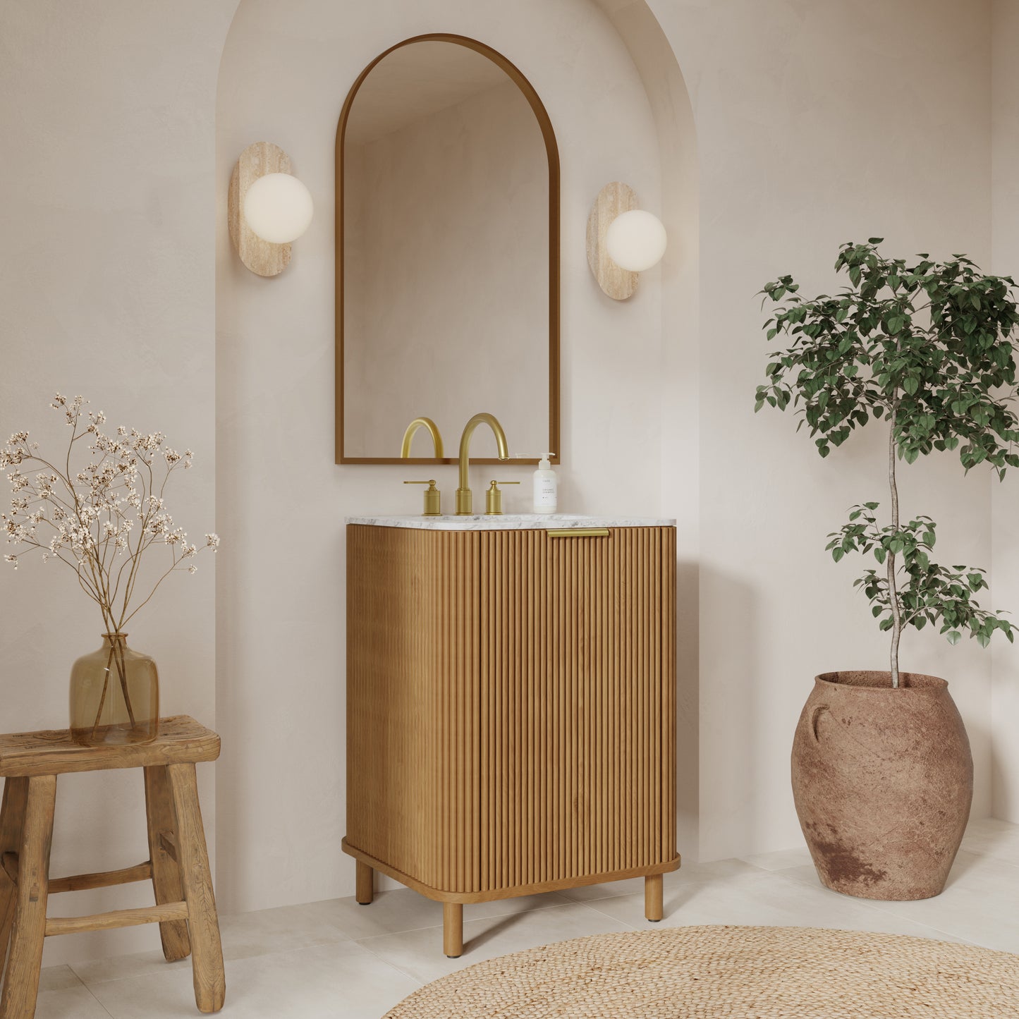 Havana 24"W x 18"D Reeded Birch Single Bathroom Vanity | Carrara Marble Countertop