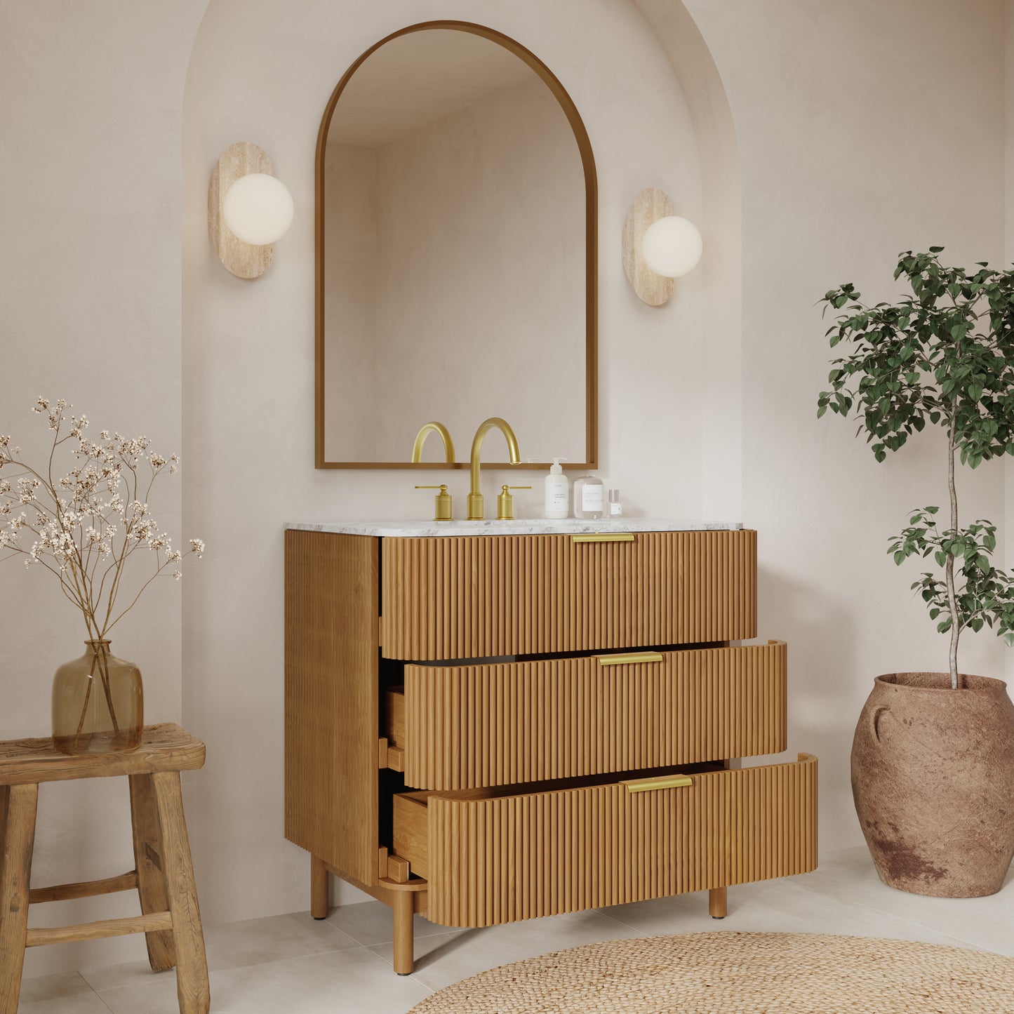 Havana 36" Reeded Single Bathroom Vanity | Carrara Marble Countertop