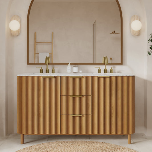 Havana 60" Reeded Double Sink Bathroom Vanity | Carrara Marble Countertop