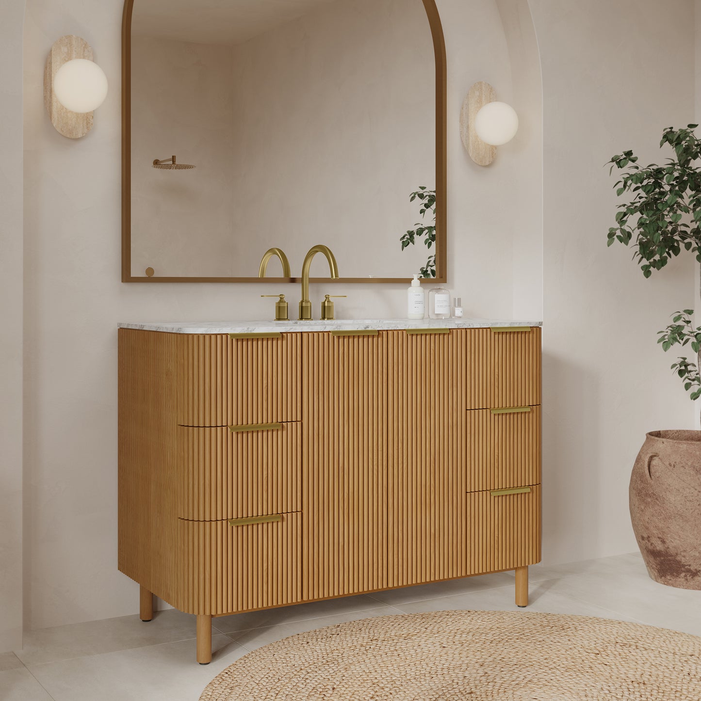 Havana 48" Single Bathroom Vanity in Reeded Birch | Carrara Marble Countertop