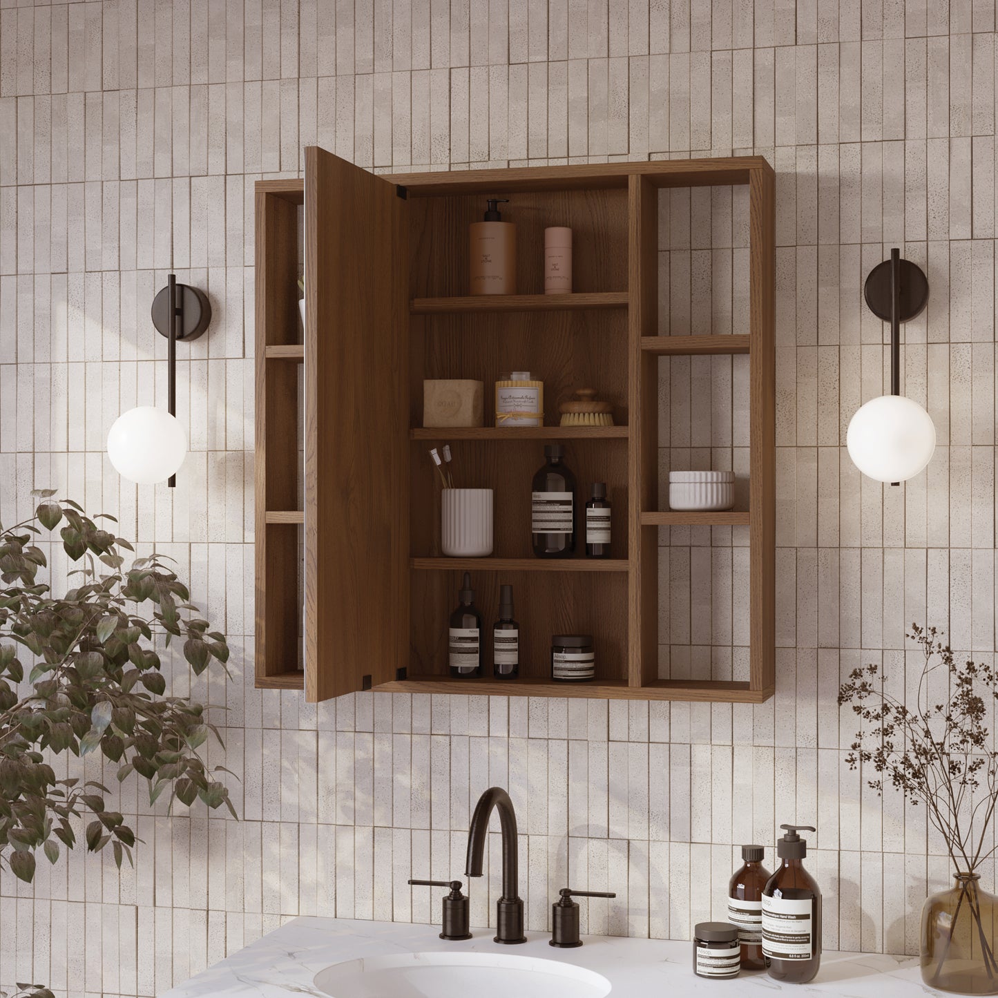 Midland 30"W x 30"H Surface Mount Medicine Cabinet with Side Shelves in Walnut or Oak