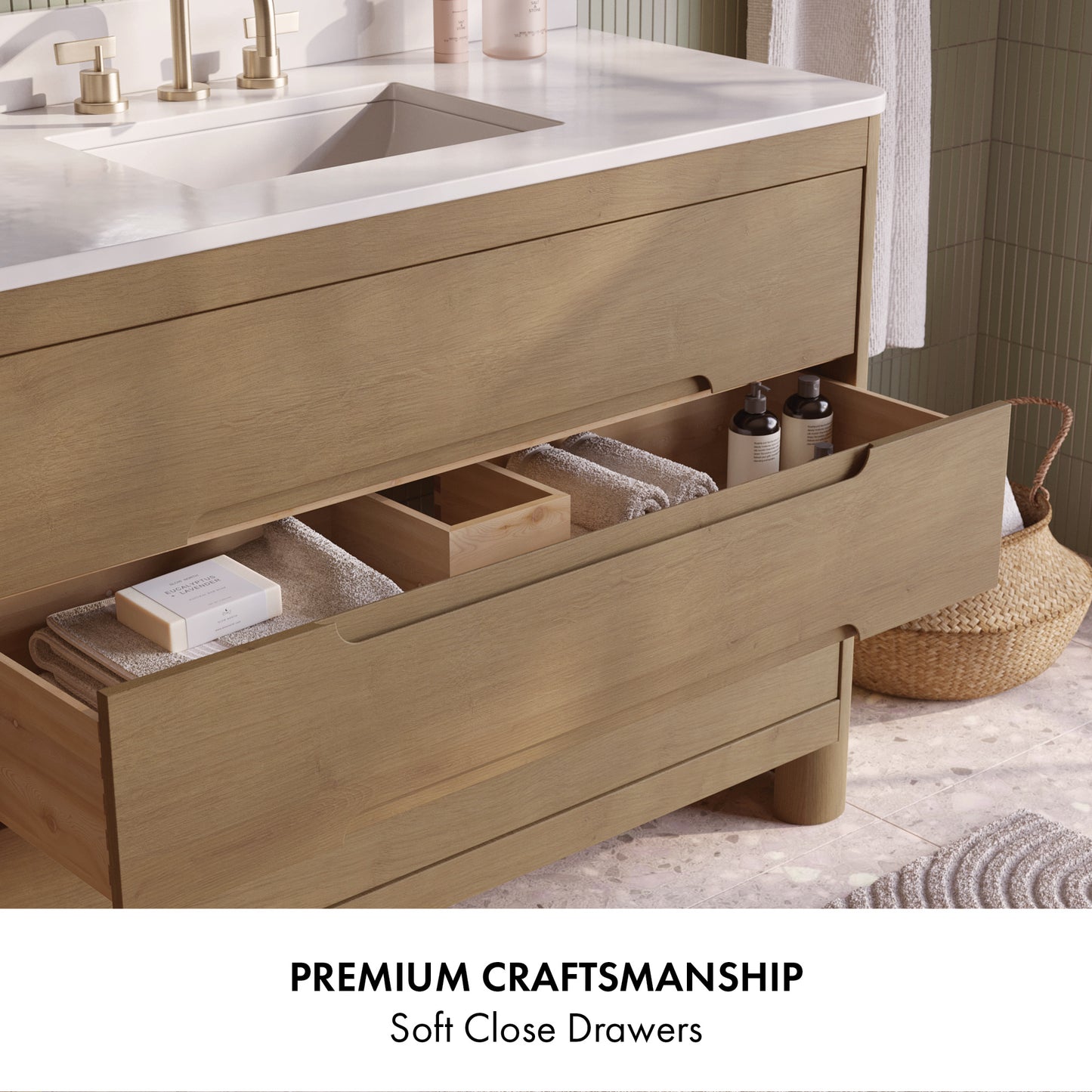 Oslo 60" Modern Oak Double Bathroom Vanity | White Quartz Countertop